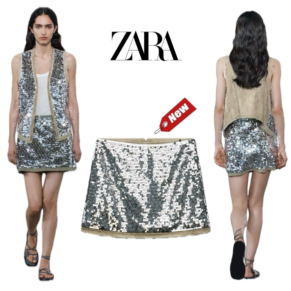 Zara ZW Collection beige silver metallic sequin chain mini skirt high waist Sz M